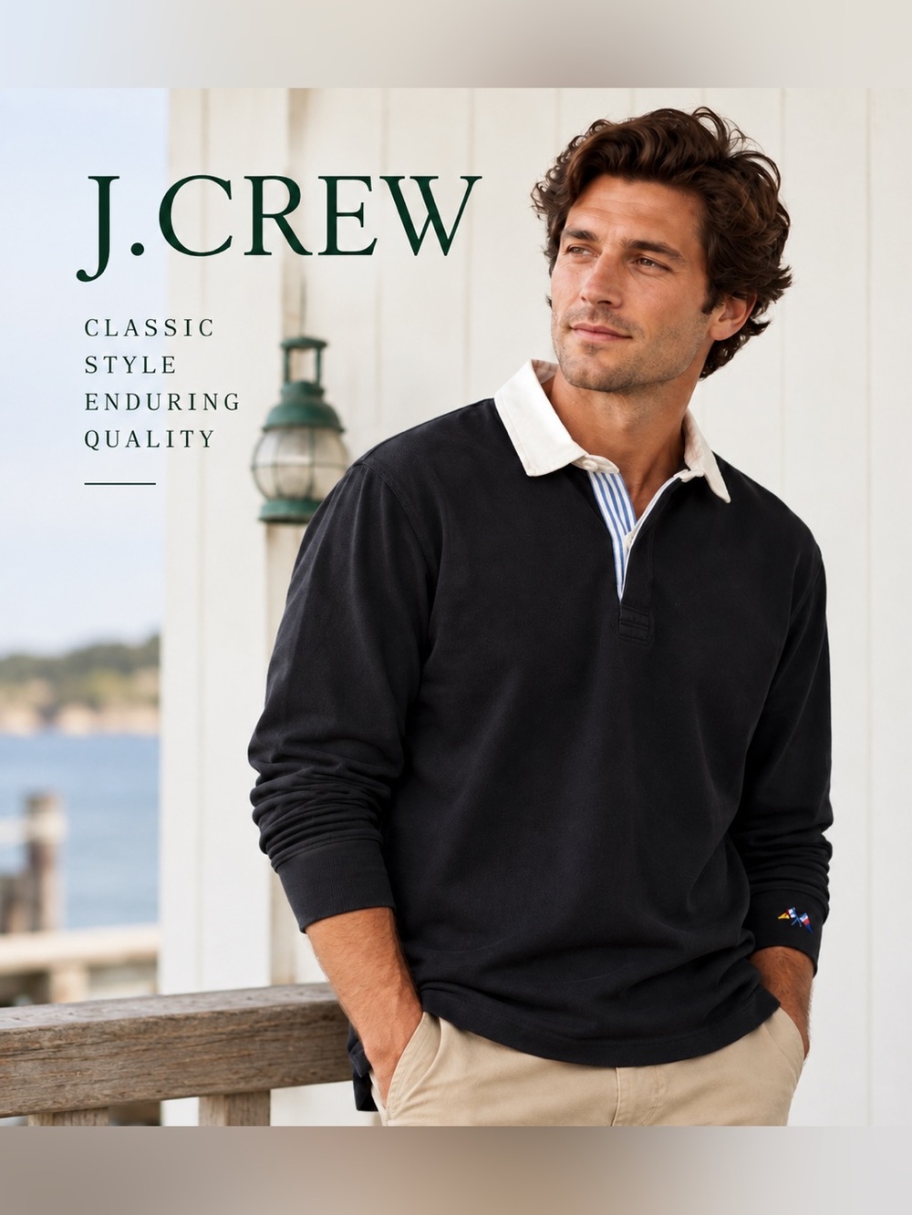 J.Crew Vintage Oarsman Rugby Shirt Men’s XL Black White Collar Nautical Flag Y2K